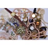 A BAG OF COSTUME JEWELLERY, with items to include an opal set yellow metal pendant, stamped 585, a