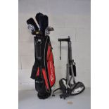 A BENROSS GOLF BAG, CLUBS AND A TROLLEY including MD Golf, Howson, Golden Bear, etc