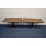 A PAIR OF MAHOGANY FINISH RECTANGULAR COFFEE TABLES on a square metal base, width 120cm x depth 62cm