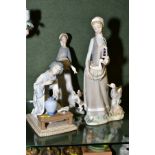 THREE LLADRO FIGURINES, comprising a girl with a goose and a puppy jumping up, height 26.5cm, a girl