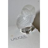 A BOXED LATE 20TH CENTURY LALIQUE PAPERWEIGHT, modelled as an owl, diameter height 8.5cm