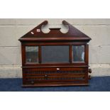 AN EDWARDIAN MAHOGANY SNOOKER SCOREBOARD, swan neck pediment, two mirror flanking a slate centre