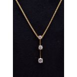 A MODERN 18CT GOLD THREE STONE DIAMOND DROP PENDANT, three modern round brilliant cut diamonds