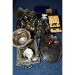 A BOX OF SILVER PLATE ETC, to include a twin handled urn shaped wine cooler, an Elkington plate wine