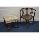 A 20TH CENTURY SQUARE MAHOGANY FOOTSTOOL, on circular and bulbous legs united by a cross