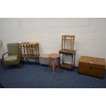 A QUANTITY OF OCCASIONAL FURNITURE, to include a tin trunk, 1940's fire side chair, coffee table,