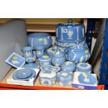 A COLLECTION OF WEDGWOOD PALE BLUE JASPERWARE AND A LATE 19TH CENTURY UNMARKED JASPERWARE CHEESE