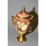 A COALPORT FRUIT STUDY TWIN HANDLED VASE AND COVER HANDPAINTED AND SIGNED BY RICHARD BUDD, gilt