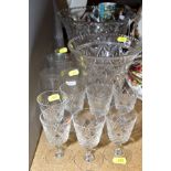 A SMALL GROUP OF CLEAR GLASSWARE, including a set of seven Webb sherry glasses, a Stuart Crystal