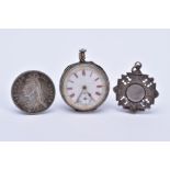 A POCKET WATCH, FOB AND COIN, the silver pocket watch, white dial, red enamel roman numerals,