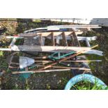 A SELECTION OF GARDEN TOOLS AND THREE STEP LADDERS