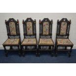 A SET OF FOUR EARLY 20TH CENTURY CARVED OAK DINING CHAIRS with needlework upholstery