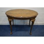 A REPRODUCTION GEORGE II STYLE WALNUT AND CROSSBANDED OVAL CENTRE TABLE, on four cabriole legs