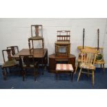 A 1940'S OAK GATE LEG TABLE, four chairs, together with an oak television stand, oak nest of three