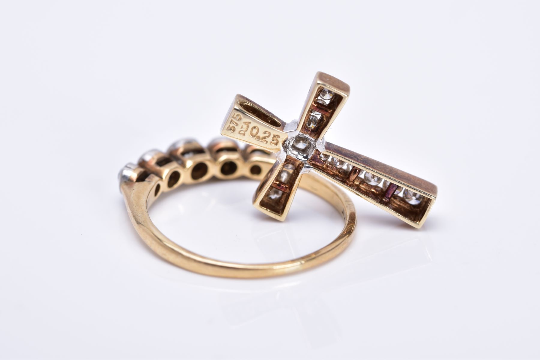 A DIAMOND RING AND CROSS PENDANT, the yellow metal ring set with five graduated old cut diamonds, - Image 3 of 3