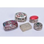 A COLLECTION OF WHITE METAL ASSORTED PILL BOXES, to include various sizes and shapes, enamel and