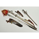 FIVE BLADED WEAPONS, short sword/dagger, steel ornate hand guard, blade engraved with Toledo