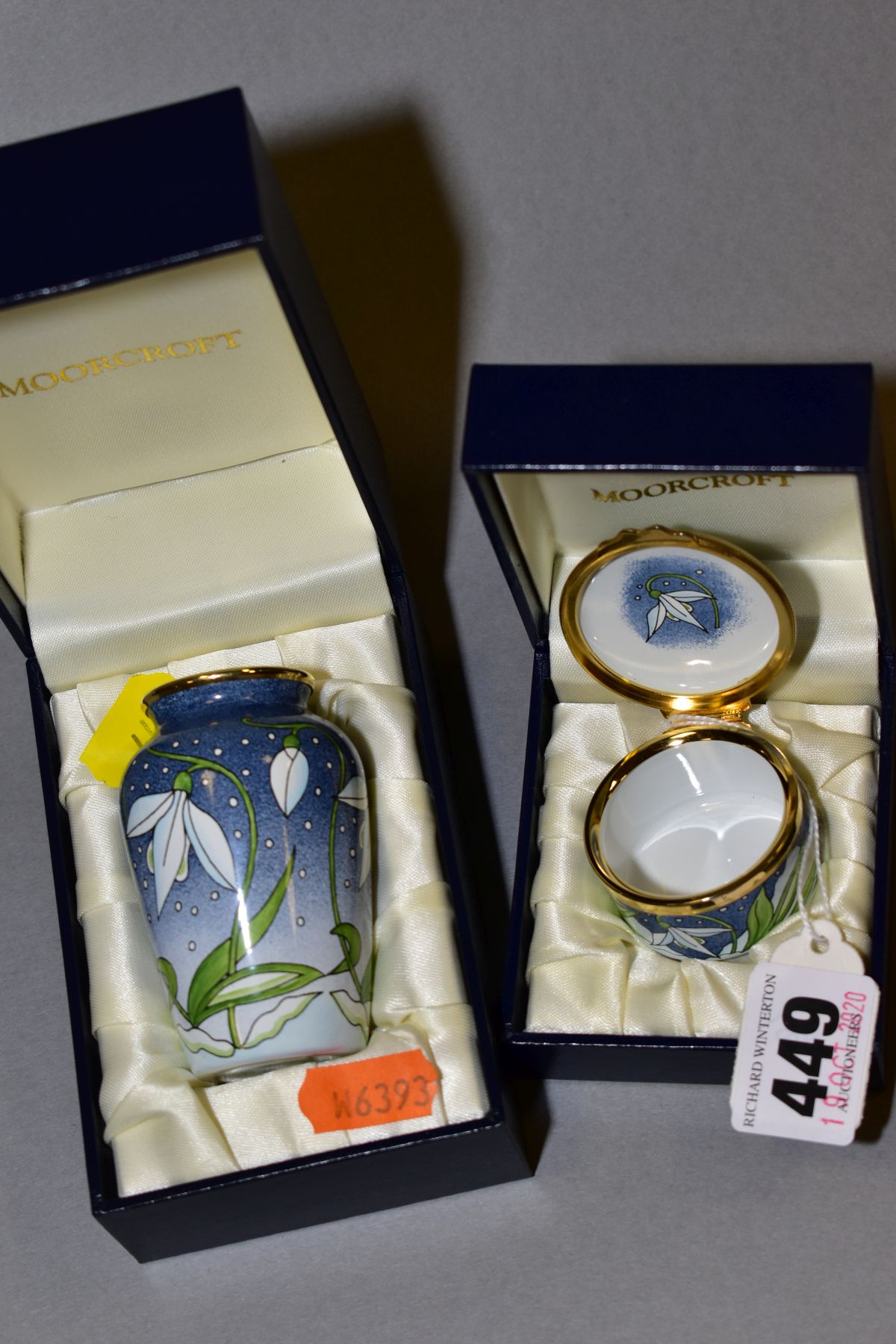 TWO BOXED MOORCROFT ENAMEL 'SNOWDROP' ITEMS, comprising of a pill box and small vase, height 7cm, - Image 4 of 4