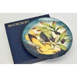 A BOXED MOORCROFT POTTERY 2003 YEAR PLATE, 'Golden Oriole' pattern, impressed backstamp and