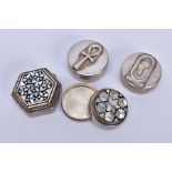 A COLLECTION OF FOUR WHITE METAL ASSORTED PILL BOXES, assorted designs and shapes to include