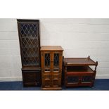 AN OLD CHARM OAK LEAD GLAZED TWO DOOR HI FI CABINET, width 55cm x depth 49cm x height 115cm,