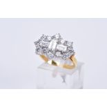 A MODERN 18CT GOLD LARGE DIAMOND CLUSTER RING, comprised three rap cut diamonds, measuring