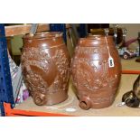 TWO VICTORIAN STONEWARE BARRELS, applied decoration of Royal Arms, Lions, fruiting vine etc, both