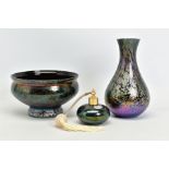 THREE PIECES ROYAL BRIERLEY BLACK IRIDESCENT GLASS comprising an atomiser, a baluster shaped vase,