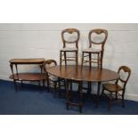 A MID 20TH CENTURY OVAL DROP LEAF GATE TABLE on turned and block feet together with four Victorian