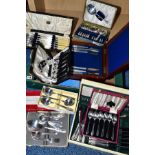 A BOX OF CASED AND BOXED CUTLERY, including EPNS and stainless steel, same sets incomplete and not
