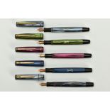 FIVE MERLIN VINTAGE FOUNTAIN PENS, including two Merlin 33 in pearl grey, a 33 in pearl blue, a 33