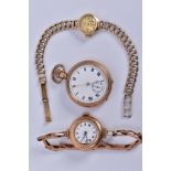 THREE WATCHES, to include an early 20th century ladies 9ct rose gold wristwatch, white enamel dial