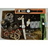 A SELECTION OF COSTUME JEWELLERY AND ITEMS, to include four wristwatches such as a Superdry watch,