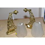 A PAIR OF BRASS ART NOUVEAU STYLE ELECTRIC WALL LIGHTS, with a pair of Art Deco satin glass style