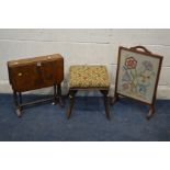 AN EDWARDIAN BURR WALNUT SUTHERLAND TABLE, together with a square mahogany stool (sd) and an oak