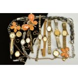 A SELECTION OF WRISTWATCHES AND COSTUME JEWELLERY, to include eight lady's wristwatches with names