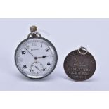 A MILITARY POCKET WATCH AND MEDAL, the pocket watch with white dial, Arabic numerals, seconds