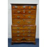 A GEORGE I STYLE CENTURY BURR VENEER, WALNUT FRUITWOOD AND CROSSBANDED SECRETAIRE CHEST ON CHEST,