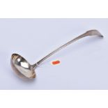 A GEORGE III SCOTTISH SILVER FIDDLE PATTERN SOUP LADLE, engraved initials, maker George Fenwick,