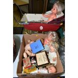 A BOX OF VINTAGE TOYS AND DOLLS INCLUDING A BOXED GREEN SCHUCO TELESTEERING CAR 3000, three wheels