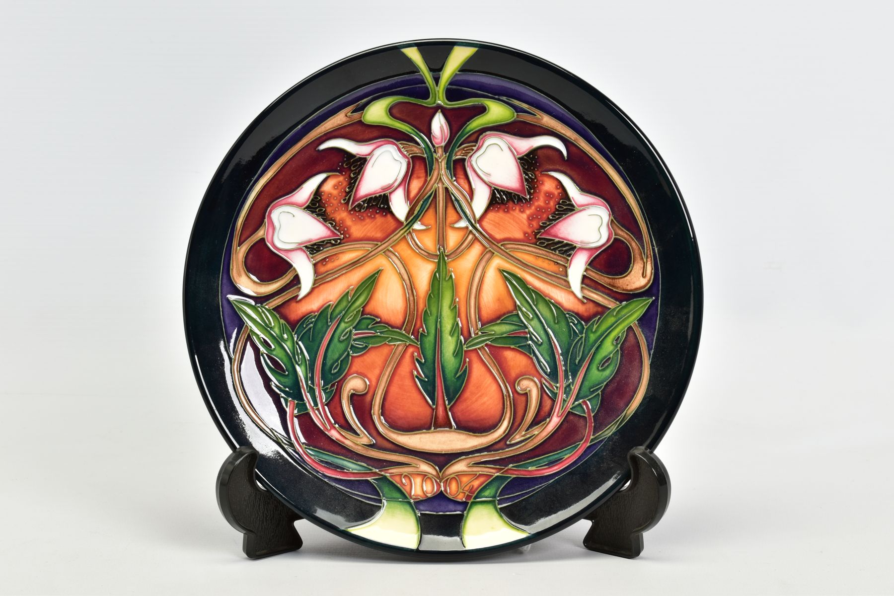 A BOXED MOORCROFT POTTERY 2004 YEAR PLATE, 'Swan Orchid' pattern, impressed backstamp, No271/400 and - Image 2 of 3