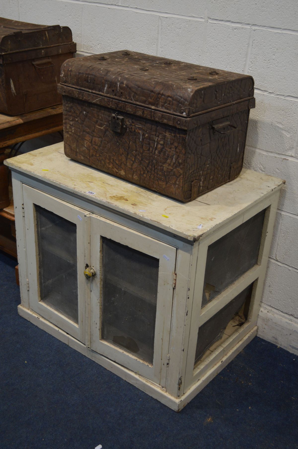 A VINTAGE PAINTED TWO DOOR MEAT SAFE, width 92cm x depth 62cm x height 76cm, together with two tin - Image 2 of 3