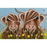 JENNIFER HOGWOOD (BRITISH 1980) 'TOGETHER IN THE MEADOW', two stylised cows in a wild flower meadow,