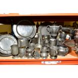 A COLLECTION OF PEWTER, COPPER, OLD SHEFFIELD PLATE etc, including chargers, plates, tankards,