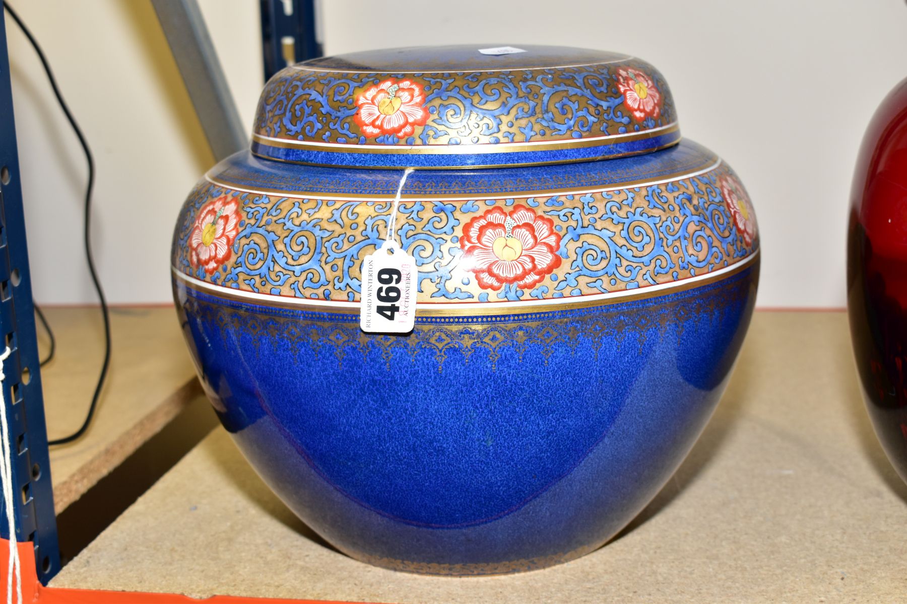 A LARGE WEDGWOOD BLUE WARE GINGER JAR, with a band of enamel scrolling foliage and flowers and - Image 2 of 3