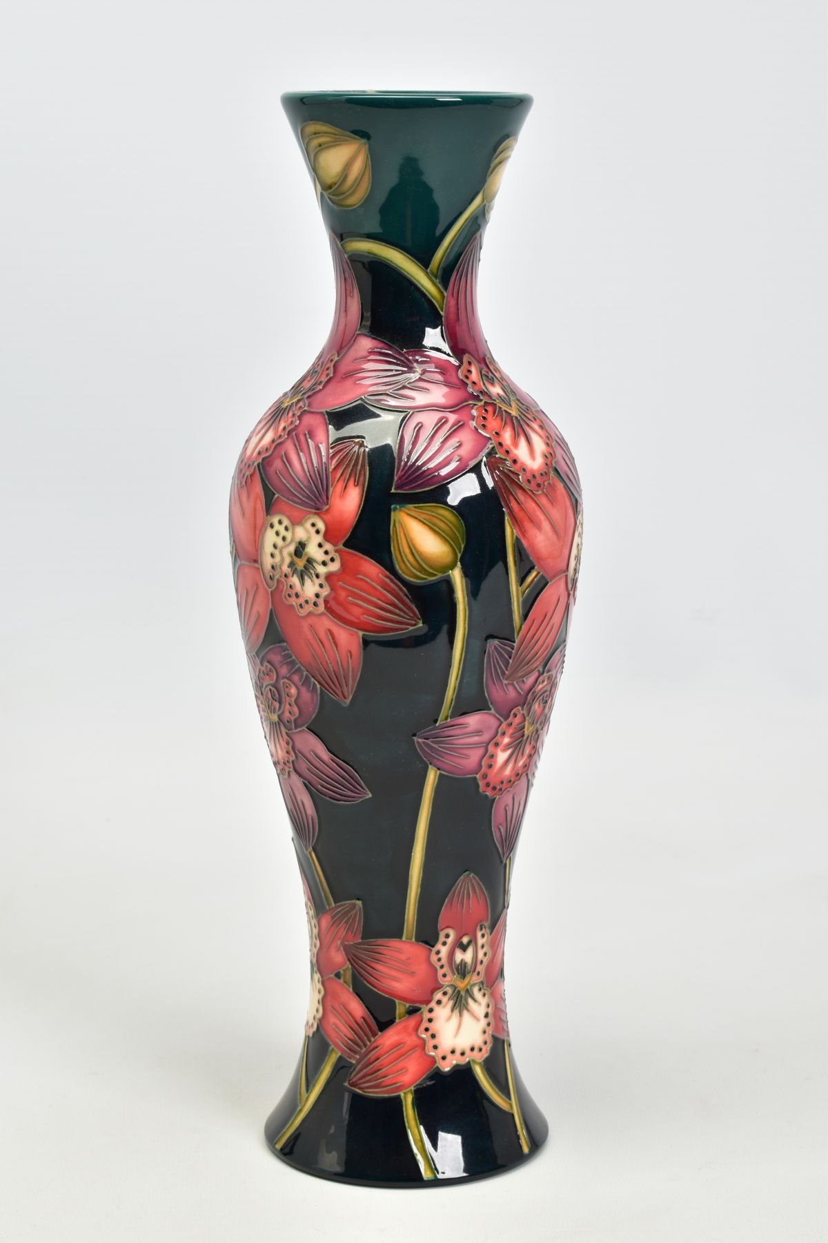 A BOXED MOORCROFT POTTERY VASE, from Connoisseur collection June 2004, 'Porelet Bay', pink and red - Image 3 of 4