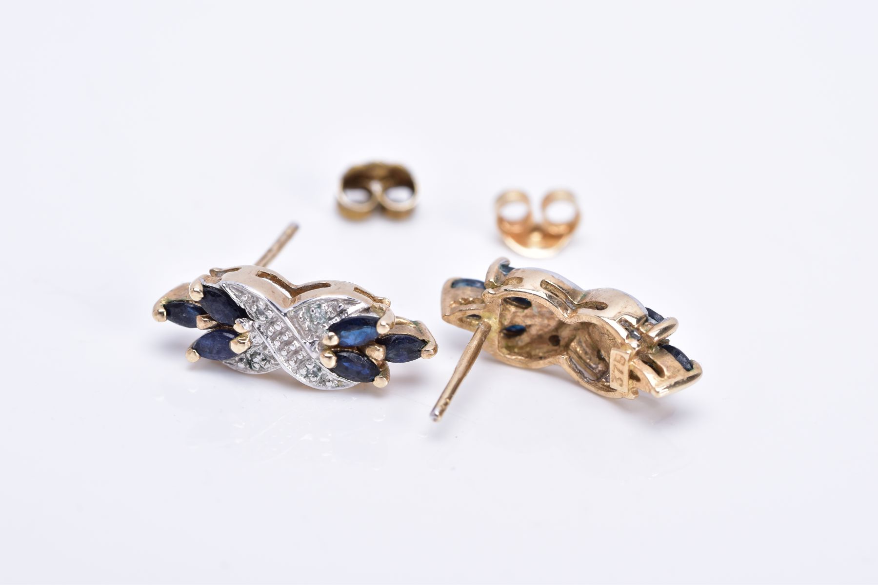 A PAIR OF 9CT GOLD SAPPHIRE AND DIAMOND DROP EARRINGS, each designed with a central cross design set - Image 2 of 2