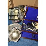 A BOX OF SILVER, PLATE AND OTHER METALWARES, including a circular silver dish, makers James