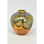 AN OKRA GLASS VASE, blue and green swirl design on an amber ground, stamped and initialled RPG to