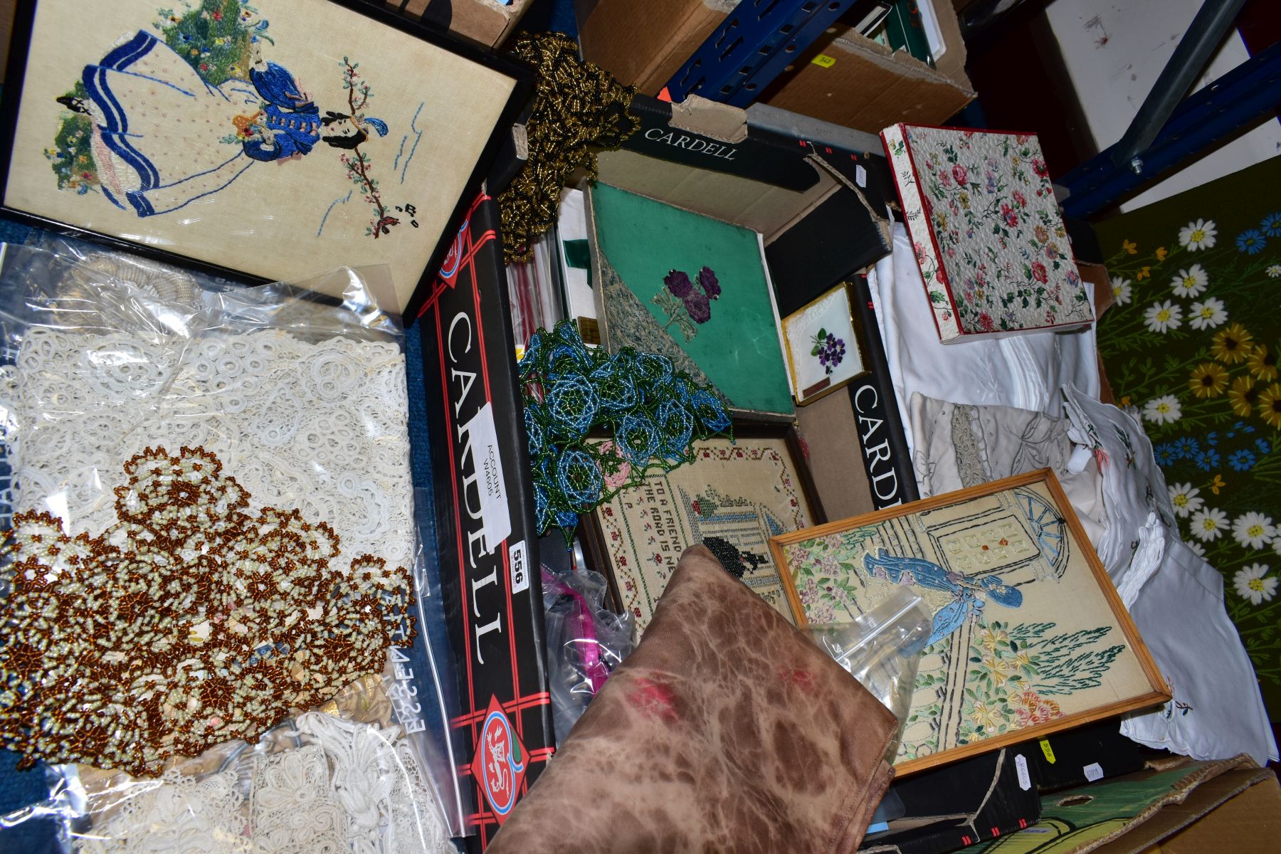 TWO BOXES OF TABLE LINEN, HABERDASHERY ITEMS, NEEDLEWORK PICTURES, etc, including buttons, - Image 2 of 4